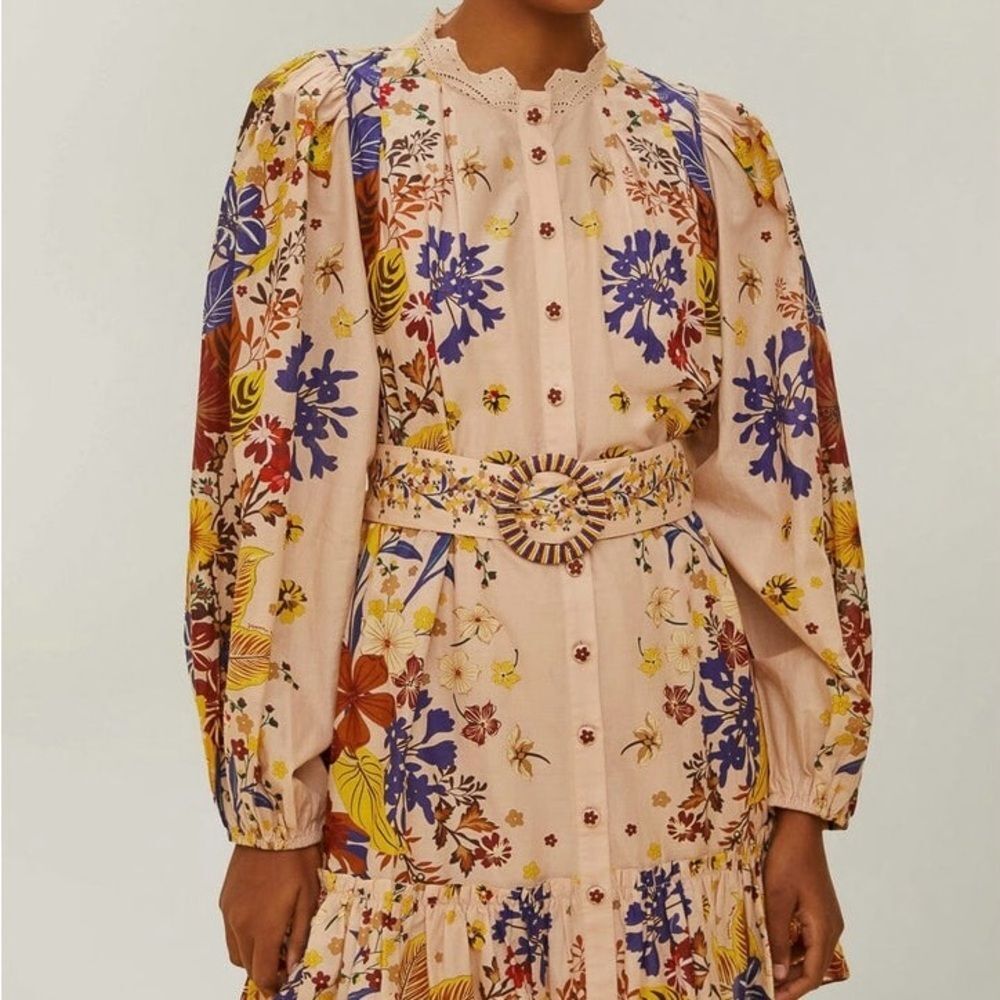 NEW FARM Rio Beauty Bouquet Pink Puff Sleeve Mini Dress Floral Button Size L - Picture 2 of 16